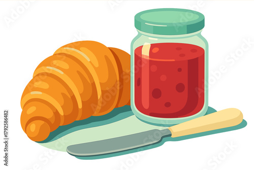 Classic French croissant paired with a jar of sweet red fruit preserves and a small spreading knife