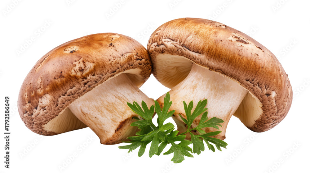 Fototapeta premium Two brown mushrooms with parsley isolated on a transparent background
