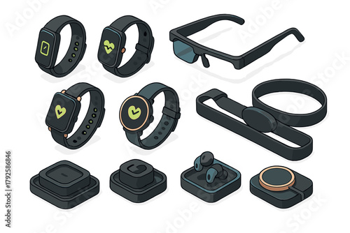 Isometric collection of modern wearable technology devices like smartwatches, fitness trackers, and smart glasses