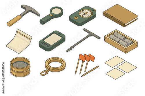 Isometric collection of essential tools for geology surveying and environmental field research