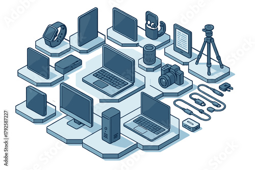 Isometric arrangement of various modern electronic devices and digital gadgets on hexagonal platforms