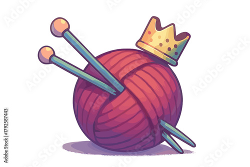 Large ball of yarn pierced by knitting needles and topped with a golden royal crown