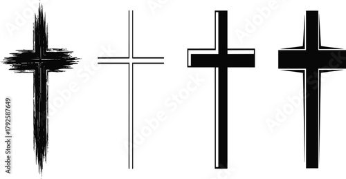 Cross icon set, silhouette Christian symbols in textured, thin, outlined, bold styles, black and white illustration, faith, religion, vector design grid