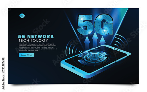 5G network wireless technology illustration. Mobile internet of next generation. Isometric futuristic hi-tech smartphone with big letters