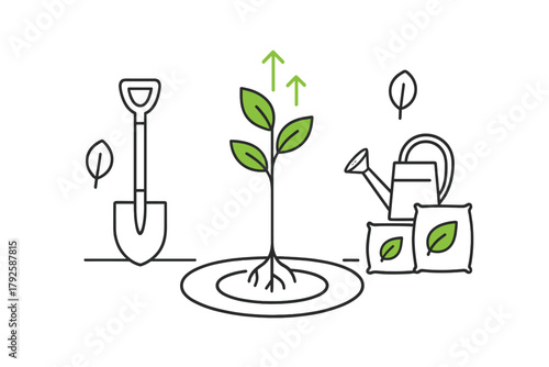 Young plant with roots surrounded by gardening tools, shovel, watering can, and fertilizer