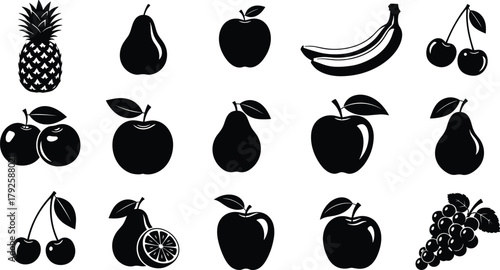 Black fruit silhouette collection including apple, pear, banana, cherry, pineapple, and grapes, healthy food concept vector illustration for organic product design