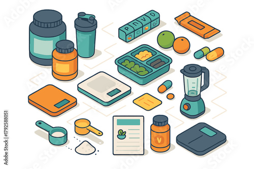 Isometric set of health and fitness objects including supplements, scales, blender, and meal prep containers