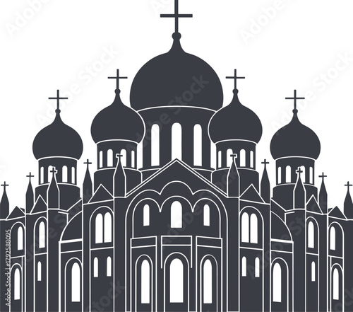 Dark gray Orthodox church with domes and crosses building