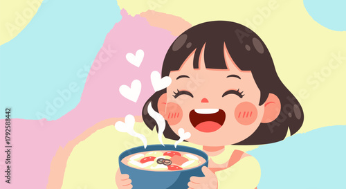 Happy Girl Enjoys Delicious Soup with Heartfelt Delight.