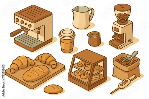 Isometric coffee and bakery icons featuring espresso machine, grinder, bread, and croissants