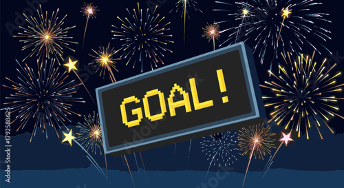 Illuminated GOAL Sign Against Fireworks Display.