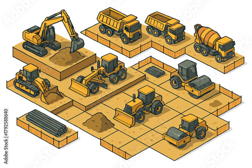 Heavy construction machinery and equipment set on an isometric grid