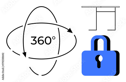 360-degree rotation arrows around text, padlock for security, and a minimal table blueprint. Ideal for security, innovation, digital design, engineering, navigation, architecture simple flat