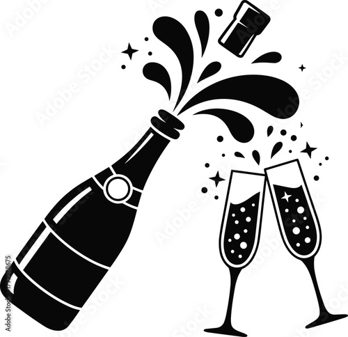 Black and white champagne bottle popping with two clinking glasses