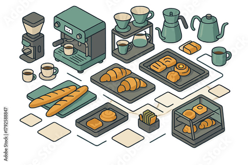Isometric display of coffee brewing tools and fresh baked goods for cafe menu