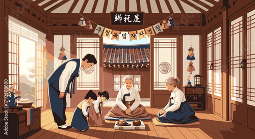 Korean New Year Sebae Tradition Family Bowing to Elders in Hanbok.