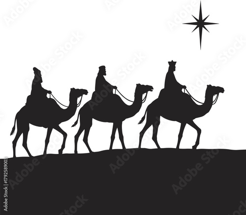 Three Wise Men silhouette riding camels under star