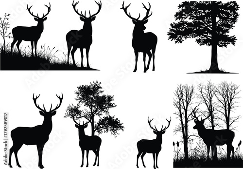 Deer and tree silhouette illustrations in 2-row grid, antlered wildlife with varied vegetation vector design, nature and habitat concept