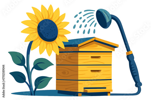 Sunflower growing next to a wooden beehive being watered by a garden hose