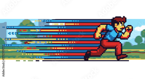 Pixel Art Runner with Speed Lines in Retro Style.