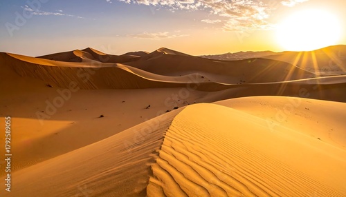 Fototapeta Naklejka Na Ścianę i Meble -  Sun sets over rolling desert sand dunes, casting warm light and long shadows over the undulating landscape