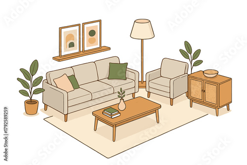 Cozy modern living room interior design with comfortable sofa armchair coffee table and house plants