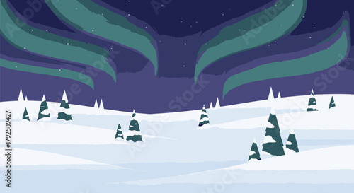 Snowy Landscape with Aurora Borealis and Evergreen Trees.