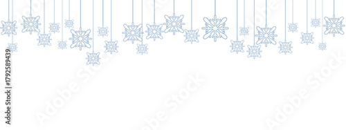 Winter holiday border or banner with pale blue hanging snowflakes of various sizes suspended by thin lines against a clean white background. Minimalist, cold-toned design suitable for winter.