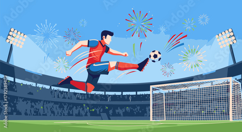 Soccer Player Kicking Ball in Stadium with Fireworks Display.