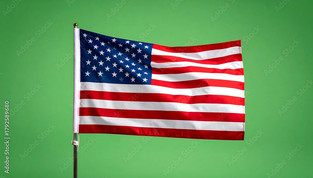 Fototapeta premium Waving U.S. flag with red & white stripes and stars against a bright green backdrop