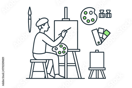 Artist painting on canvas using a brush and palette surrounded by art supplies