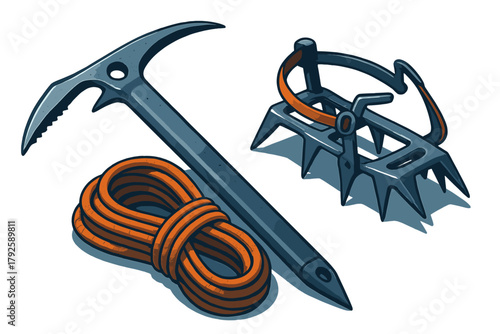 Essential climbing gear including ice axe, coiled rope, and crampons for alpine sports