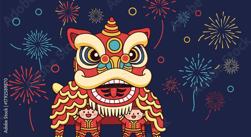 Vibrant Lion Dance Performance with Festive Fireworks Display.