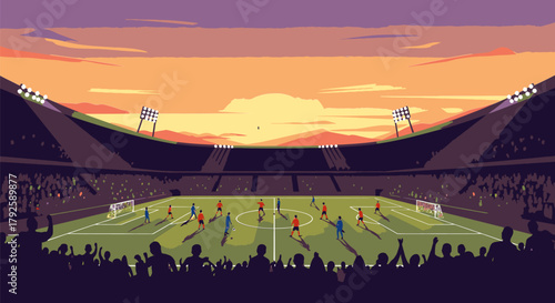 Vibrant Soccer Match in Stadium at Sunset.
