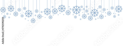 Winter holiday border or banner with pale blue hanging snowflakes of various sizes suspended by thin lines against a clean white background. Minimalist, cold-toned design suitable for winter.