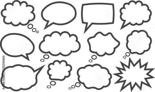 Set of black outline speech and thought bubbles on white background cartoon cloud