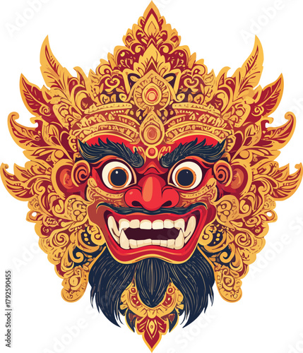 A vibrant and intricate Balinese Barong mask, a mythical creature from Balinese Hinduism, with a fierce expression and ornate golden headdress.