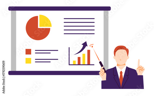 スクリーンに写したデータ分析を解説しているビジネスマンのプレゼンシーンのイラスト
