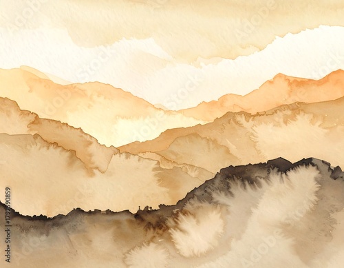 Watercolor depiction of layered mountain ranges, gradients of beige and brown hues, suggesting a tranquil, abstract landscape