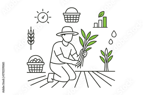 Farmer tending plants in cultivated field surrounded by icons representing harvest, time, and business growth