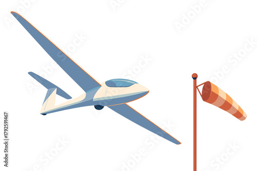 Modern sailplane flying past a striped windsock indicating wind direction and speed