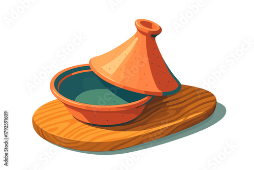 Traditional Moroccan tagine cooking pot with conical lid on a round wooden serving board