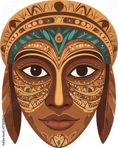 An intricately decorated tribal mask with detailed patterns and feathers, representing a stylized human face.