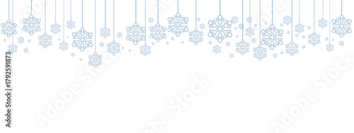 Winter holiday border or banner with pale blue hanging snowflakes of various sizes suspended by thin lines against a clean white background. Minimalist, cold-toned design suitable for winter.
