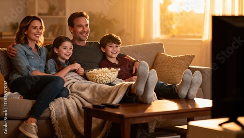 Family enjoying movie night together on sofa with popcorn at home  