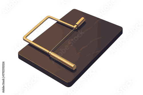 Gold wire cheese cutter tool resting on a dark brown rectangular marble serving platter