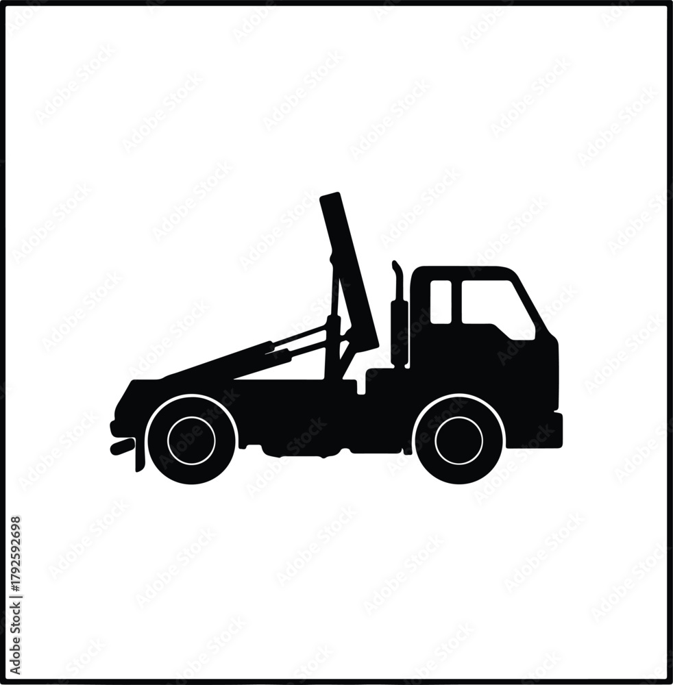 Naklejka premium Illustration Roll-off truck waste container with hydraulic lift silhouette vector