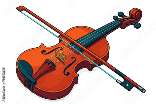 Traditional wooden violin and bow resting on the strings isolated on a white background