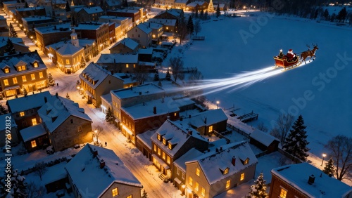 Santa Claus flying over snowy village with glowing lights at night during Christmas  