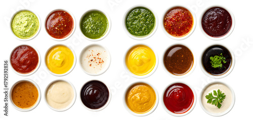 Collection of various sauces and dips in small bowls overhead view.
